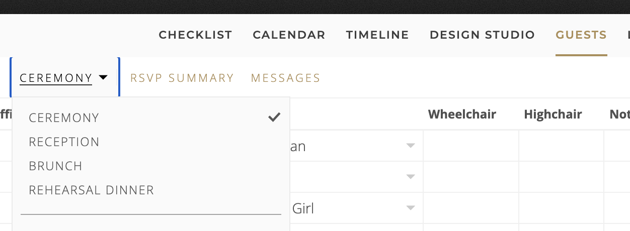 Aisle Planner guests page with the event menu open, showing Ceremony, Reception, Brunch and Rehearsal Dinner