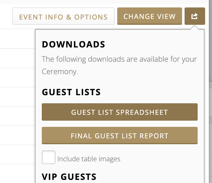 Aisle Planner downloads menu with Guest List Spreadsheet