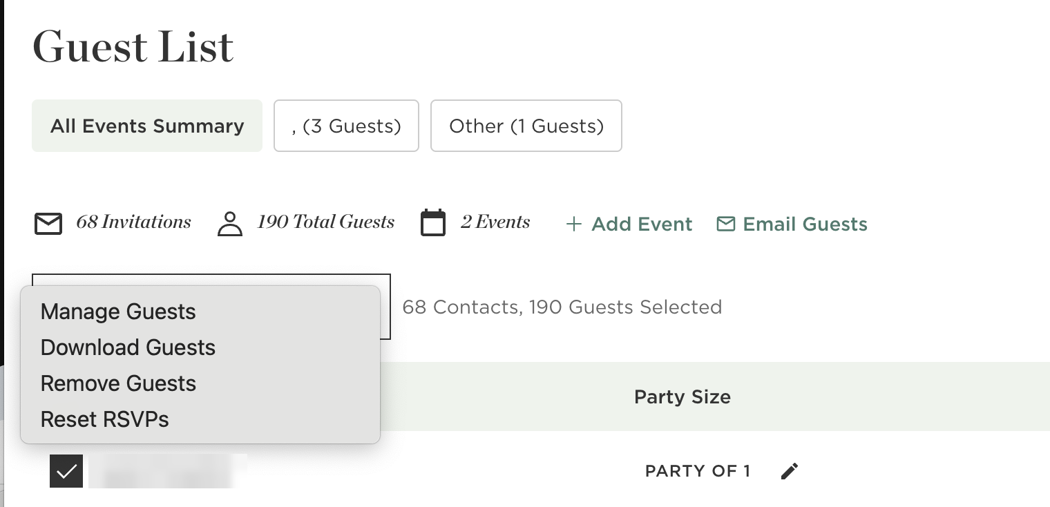 Minted guest list with the actions menu open, showing Download Guests