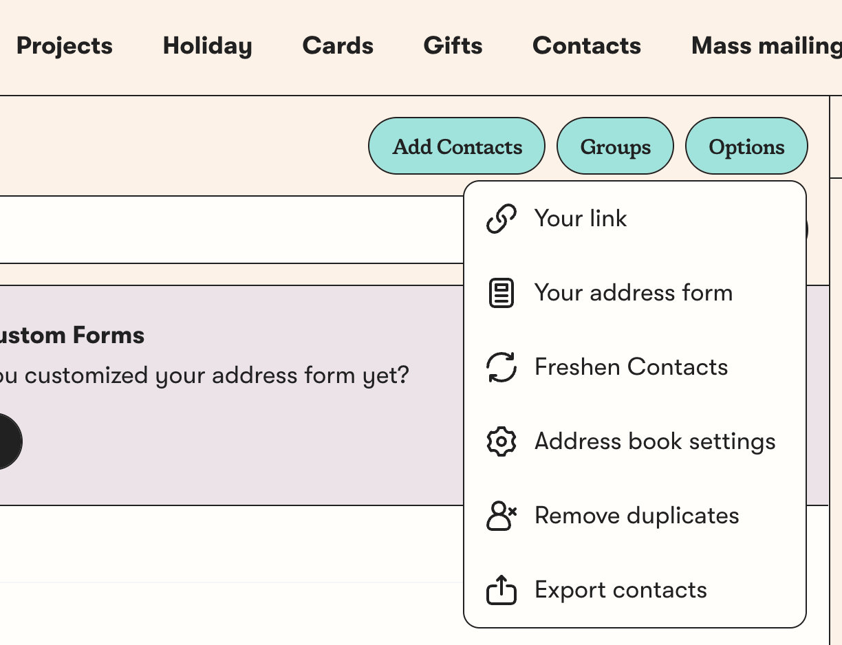 Postable contacts page with the Options menu open, showing Export contacts