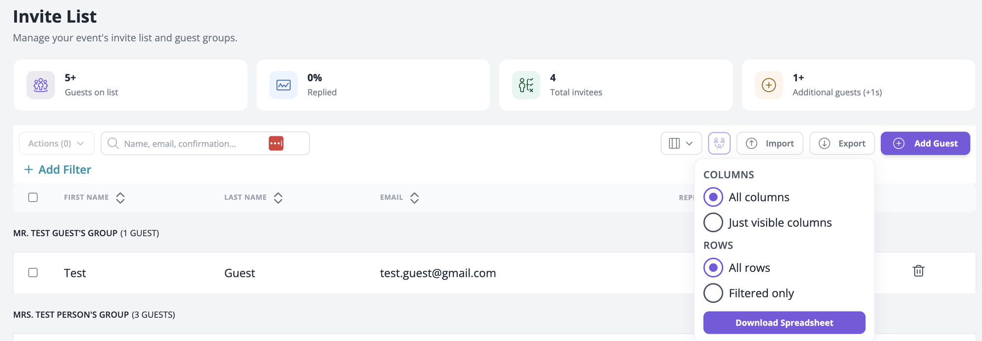 RSVPify invite list with the Export menu open, showing All columns, All rows and Download Spreadsheet