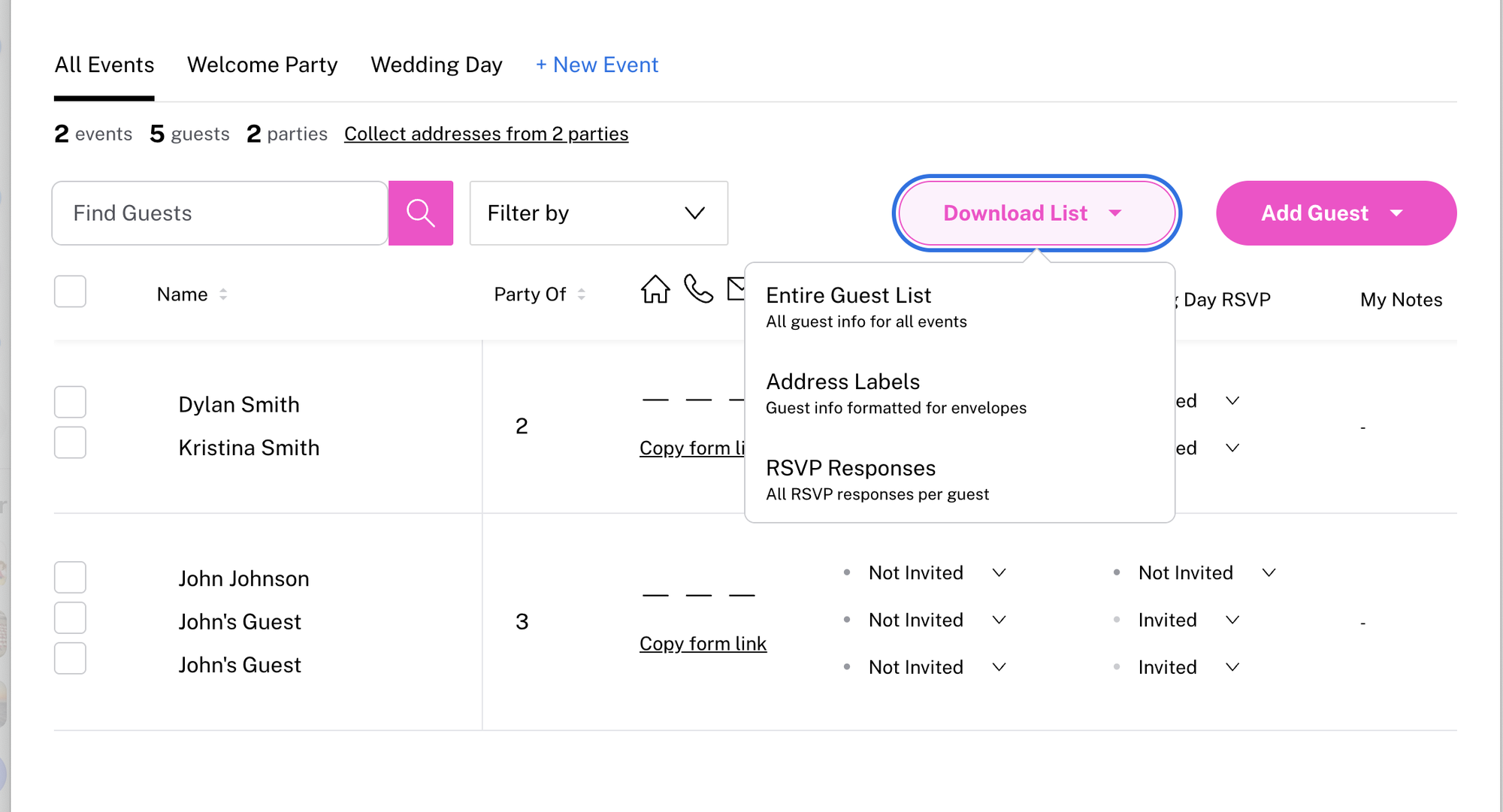 The Knot guest list with the Download List menu open, showing Entire Guest List