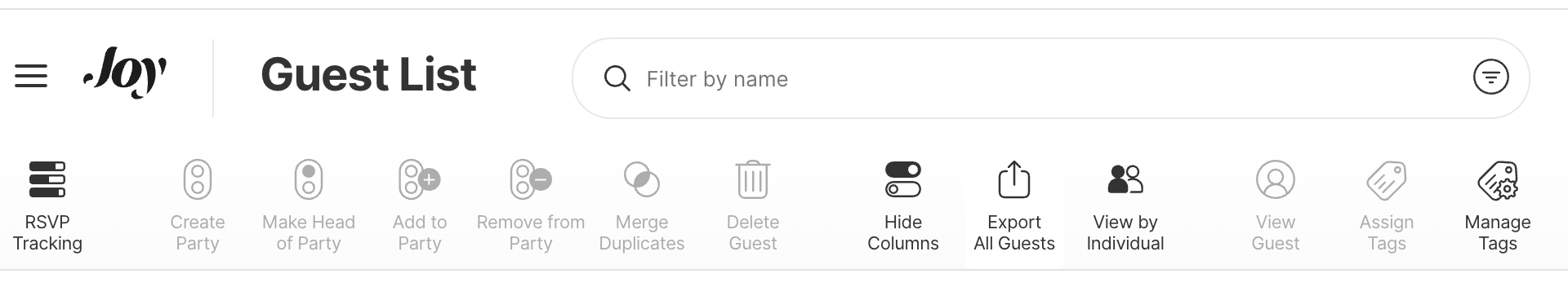 With Joy guest list toolbar with Export All Guests