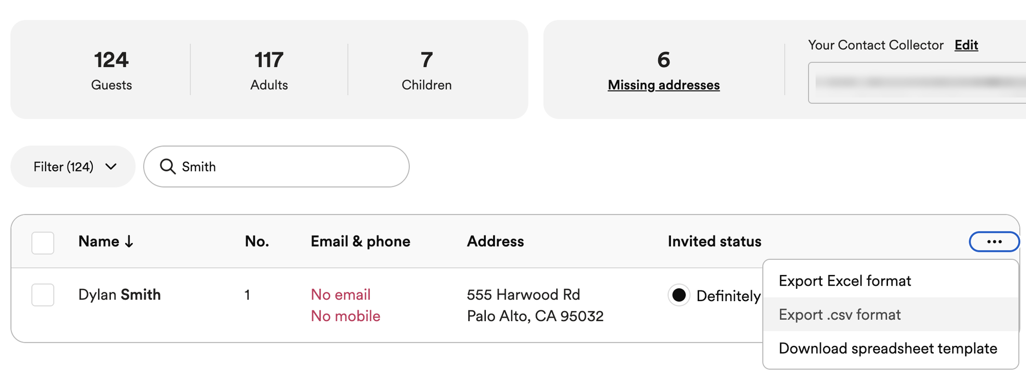 Zola guest list with the ⋯ menu open, showing Export .csv format